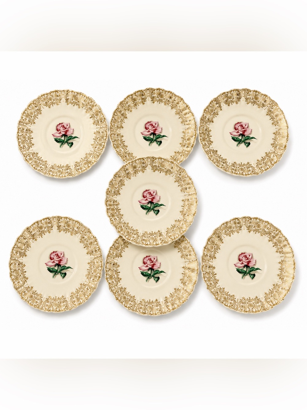American Limoges Le Fleur Rouge 22K Gold Rose 6.5” Plates Set of 7 Vintage USA